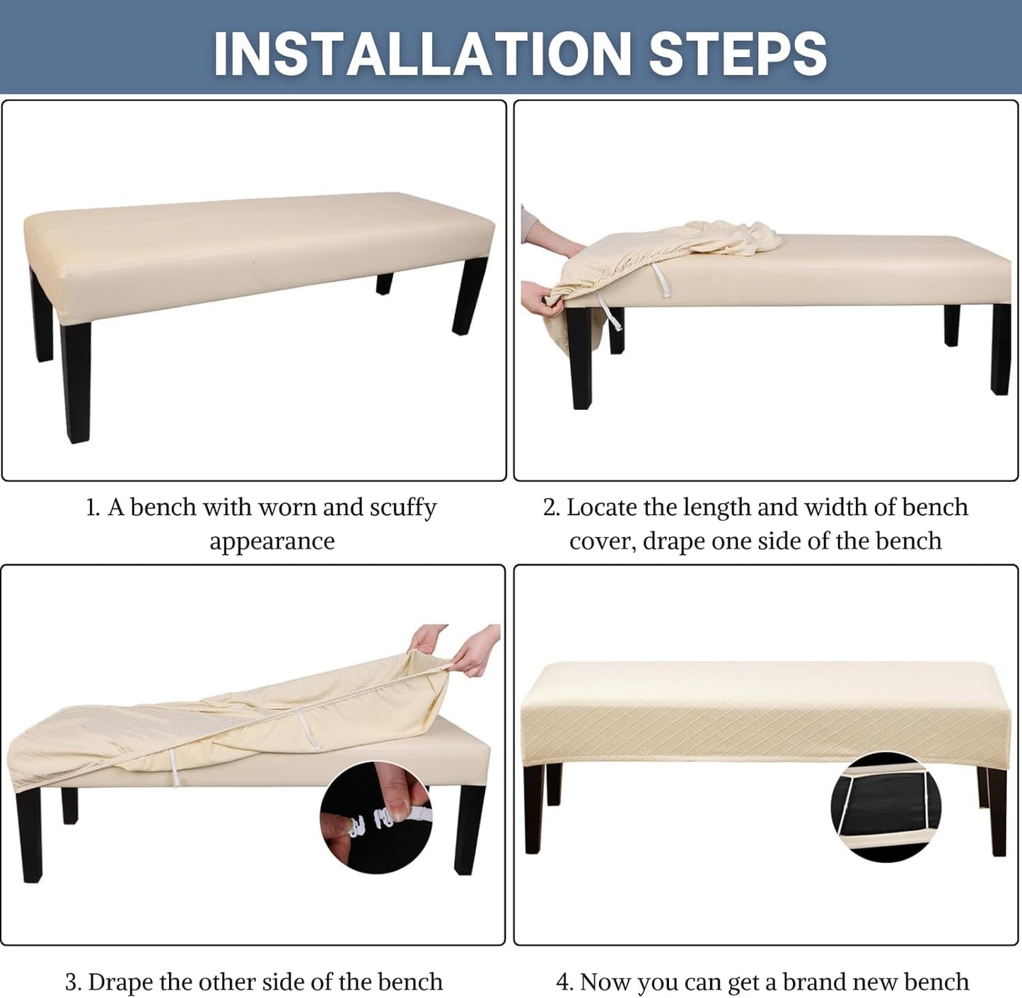SearchI Dining Bench Cover, Stretch Washable Long Bench Seat Covers, Rectangle Dining Table Bench Slipover for Dining Room, Living Room, Kitchen(Beige Linen-Look Print)
