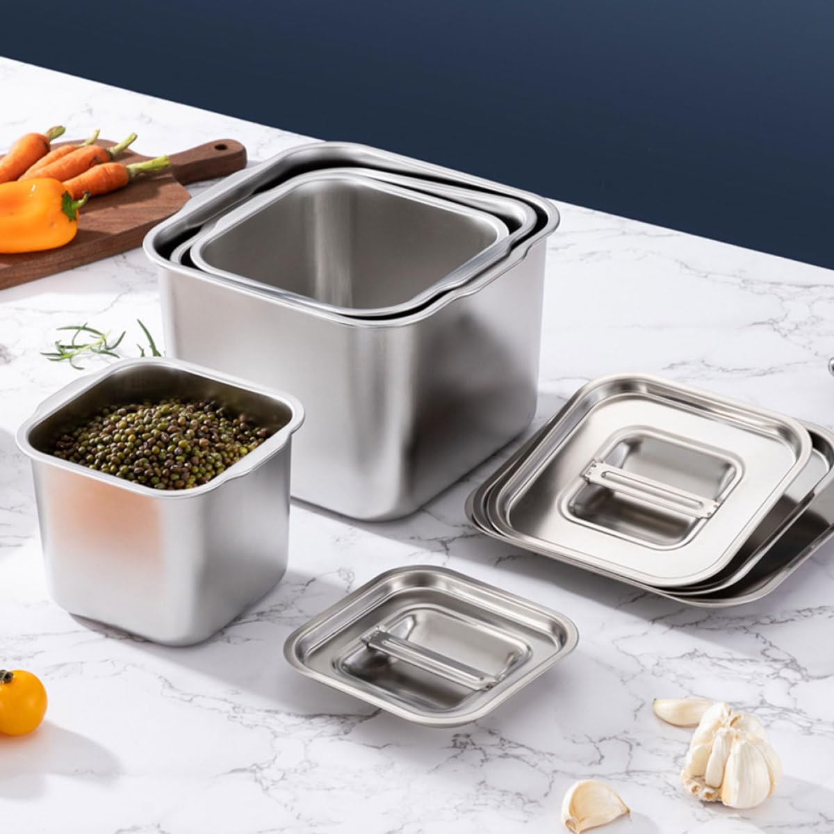 NUOBESTY Stainless Steel Condiment Pot with Lid Seasoning Jar for Kitchen Spice Container Silver Countertop Container for Sugar Salt and Sauce 4.72 X 4.72 X 3.93 in