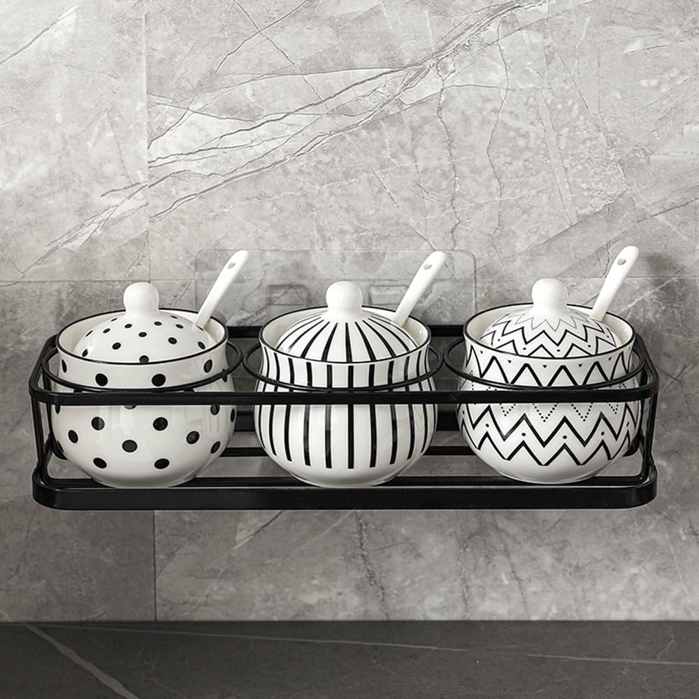 Ceramic Spice Jars Porcelain Condiment Jars Set with Spoon and Lid Condiment Pots for Salt, Sugar, Pepper Seasonings Set of 3 (Black Wall Mounted Rack)