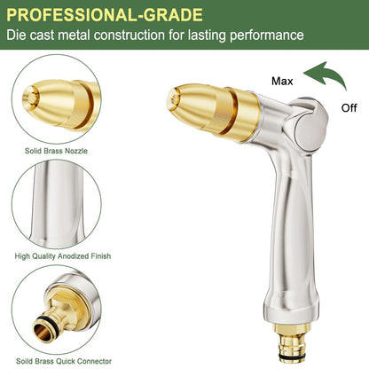FANHAO Professional Heavy Duty Garden Hose Spray Gun, 100% Metal Thumb Control Hose Gun with Brass Tip, High Pressure Adjustable Hose Nozzle for Lawn & Plant Watering, Car & Pet Washing