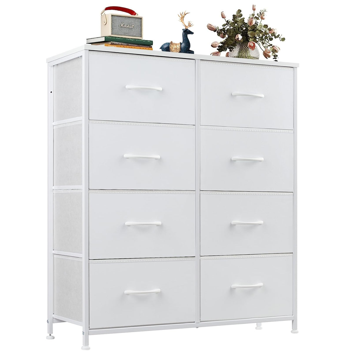 OLIXIS Dresser for Bedroom, 8 Storage Drawers, Tall Large Fabric Storage Tower Organizer, Chest of Drawers with Metal Frame Wooden Top for Nursery, Closet, Living Room, Entryway, White