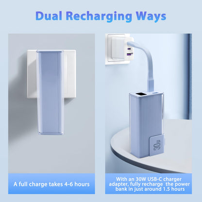 Miady Portable Charger Built-in Foldable Wall Plug, PD 30W 10000mAh Compact Power Bank has USB-C Cable&LED Display, Travel Essential Battery Pack Compatible with iPhone Galaxy SmartPhones (Cream Blue)