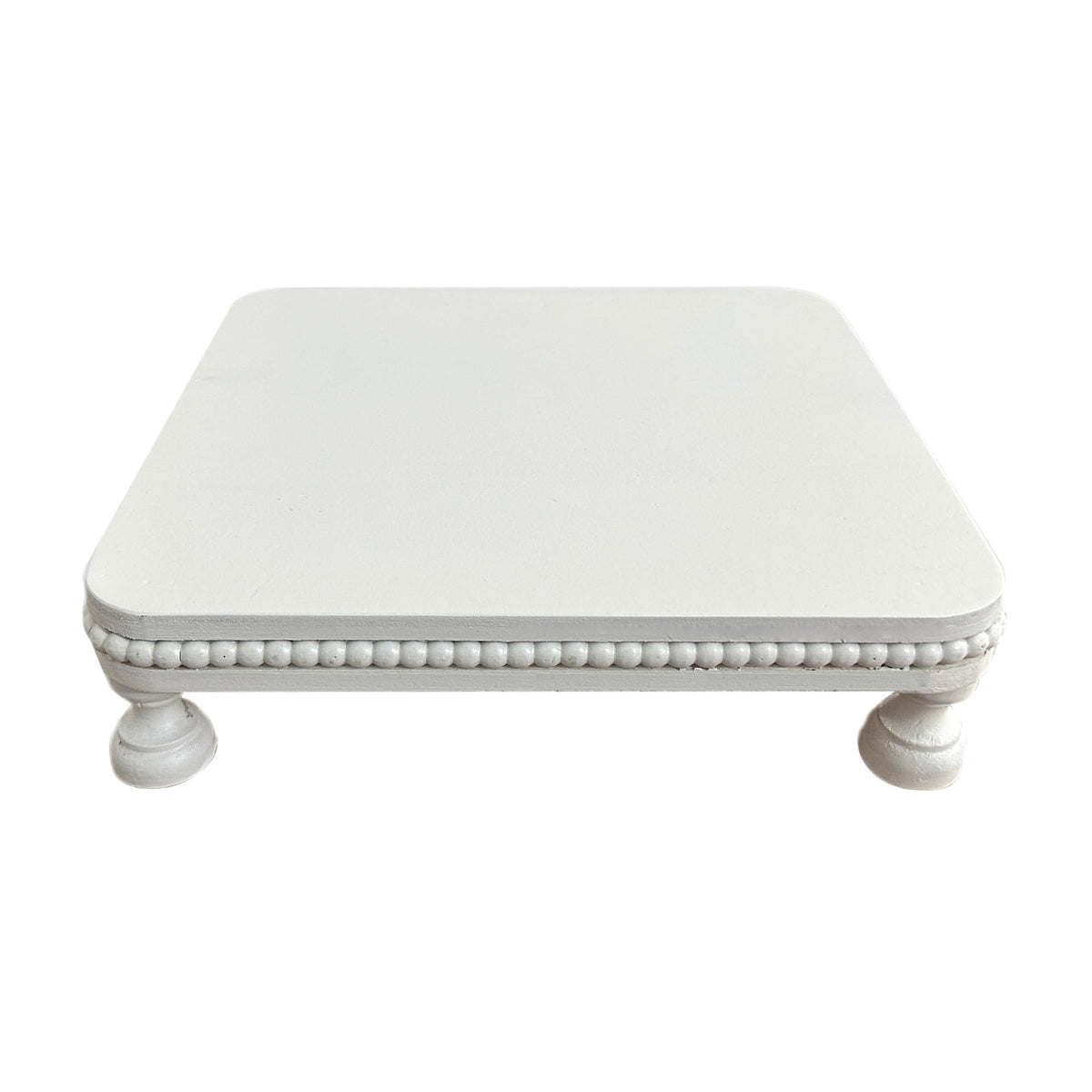 dwellington Farmhouse Display Wood Riser, 12" Decorative Beaded Pedestal Stand, Square Tiered Tray Decor for Kitcher Decor, Countertop (White)