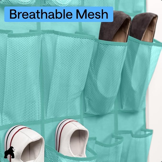 GORILLA GRIP Over the Door Shoe Organizer, 24 Large Breathable Mesh Pockets
