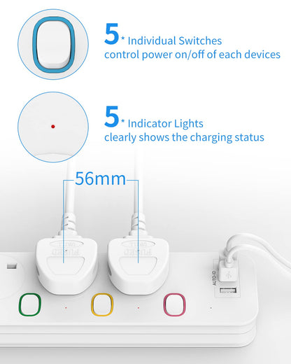 Mscien Extension Lead with USB Slots, 4 Way 3 USB Extension Socket with Individual Switches, Mountable Overload Protection Power Strips, 1.8 Meter Cable, 13A/3250W