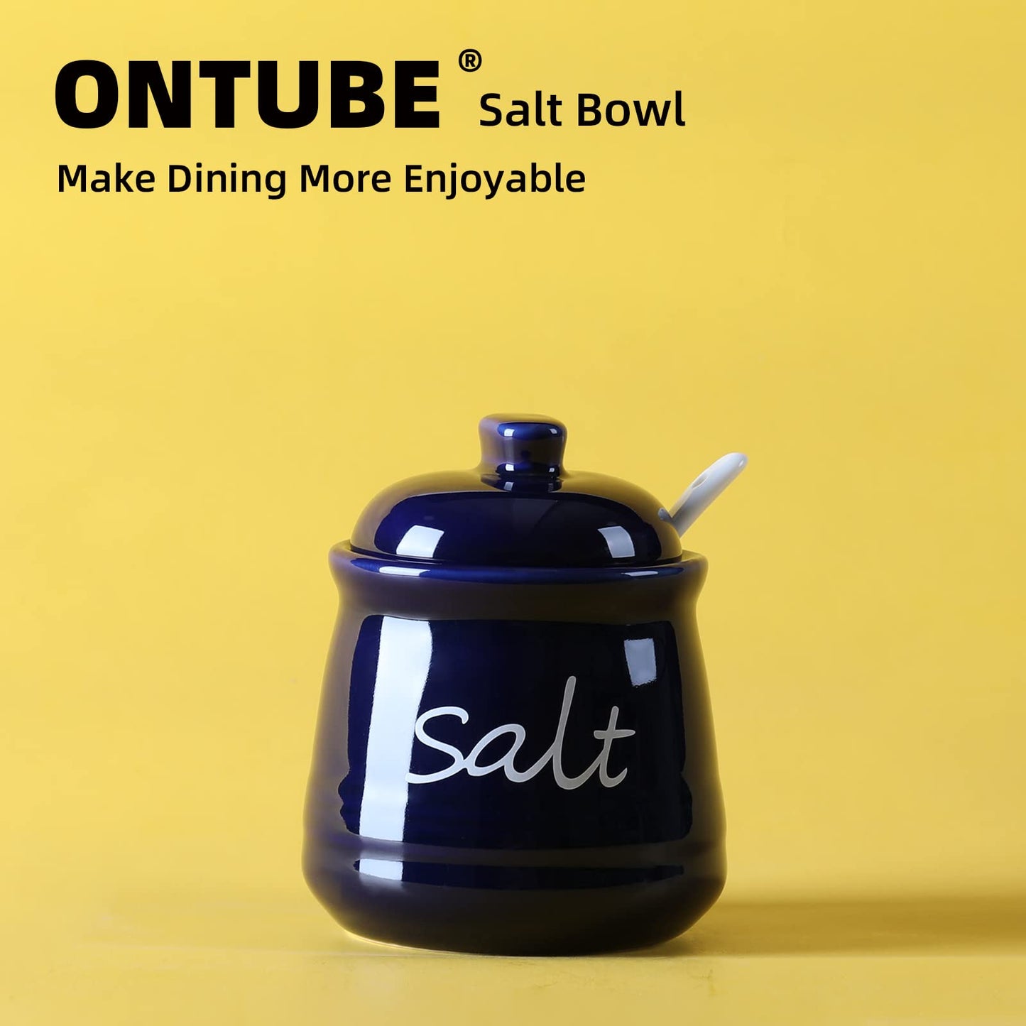 ONTUBE Ceramic Salt Bowl with Lid and Spoon 12oz White (Navy)