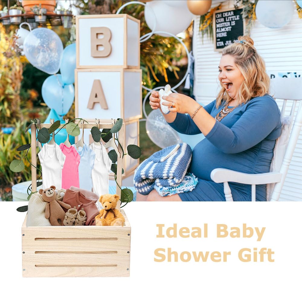 GaliGali Wooden Baby Shower Crate Closet, Newborn Gift Basket with Handle and Hanger Garland, Gender Reveal Storage Box, Personalized Baby Gift for Pregnant New Parents NO.LPL Wood-S