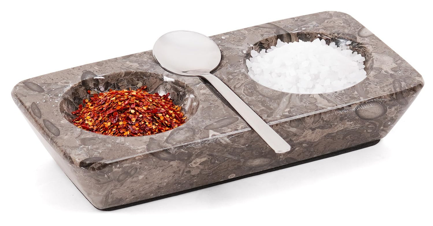 Marble Salt and Pepper Dish with Spoon, Handcrafted Double Spice Tray with 2 Compartments, Natural Stone Condiment Dish for Cooking Prep and Serving - Oceanic Grey