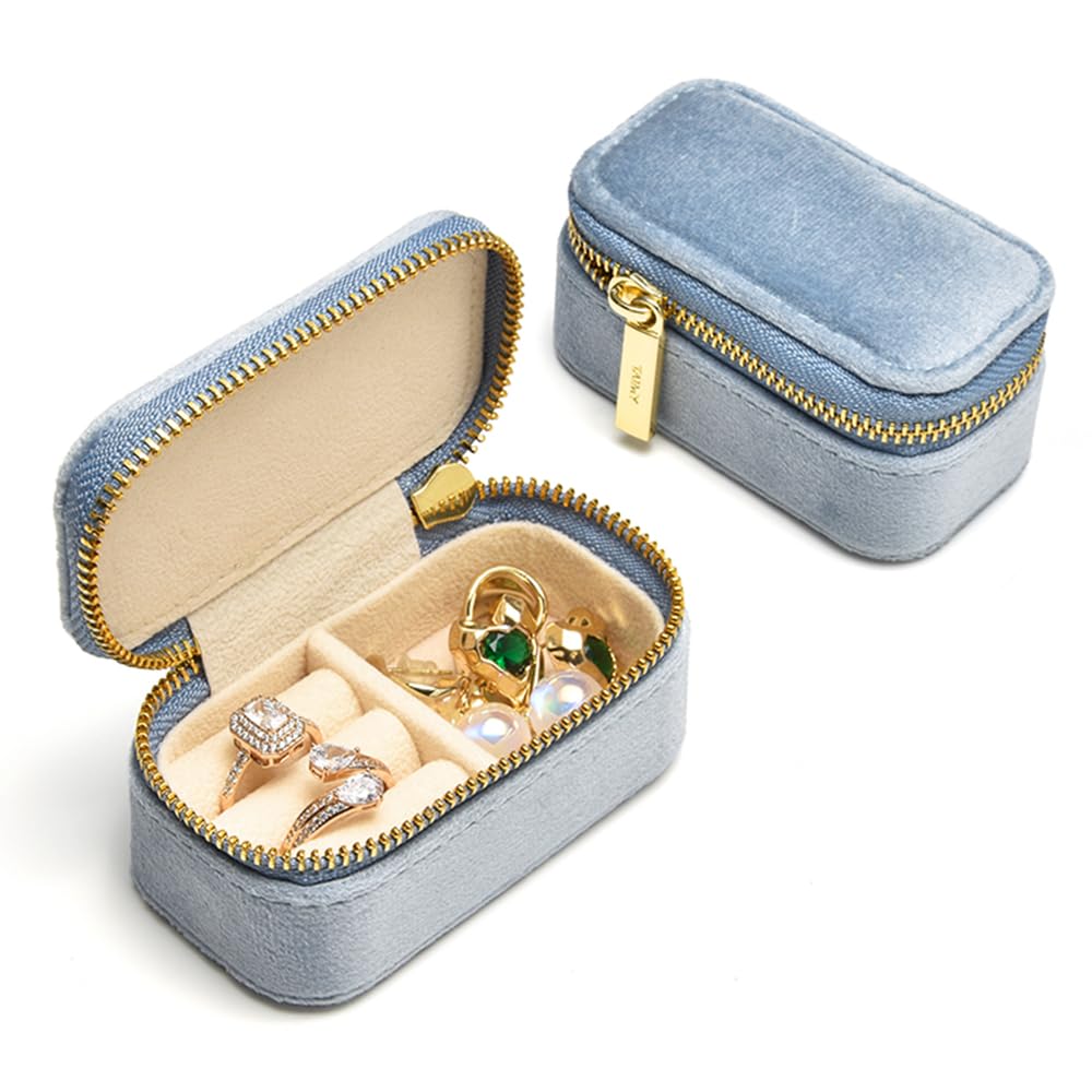 TAIMY Mini Jewelry Travel Case, Velvet Small Travel Jewelry Box, Portable Jewelry Travel Organizer Box for Rings Earrings Necklaces, Gifts for Women Girls(Blue)