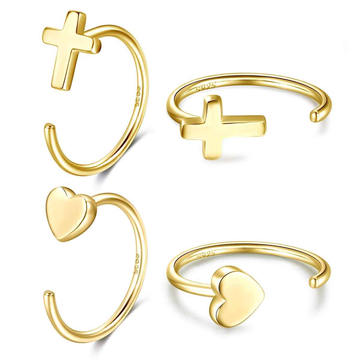 Huggie 18K Gold Plated 925 Sterling Silver Cross Heart Hug Hoops Earrings for Women Tiny Open Hoop Set 2 Pairs