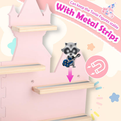 for Toniebox 2 and Toniebox 1 Tonie Shelf Wall Mounted Set,Tonies Figures Tonies Storage,Magnetic Wooden Floating Shelves Compatible with Tonie box Player Character for Children Room (pink-castles)
