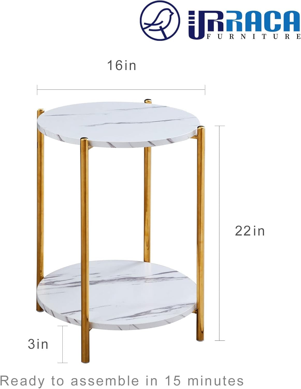 Gold End Table, Faux Marble Side Table, 2-Tier Small Round Nightstand for Bedroom - Modern Accent Table for Living Room Couch, Metal Frame (1 Pack)