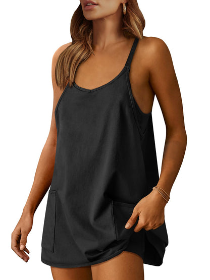 ANRABESS Women Athletic Dress Summer Tennis Workout Active Sports Mini Romper Dress Built in Shorts Travel Vacation Clothes Black Medium
