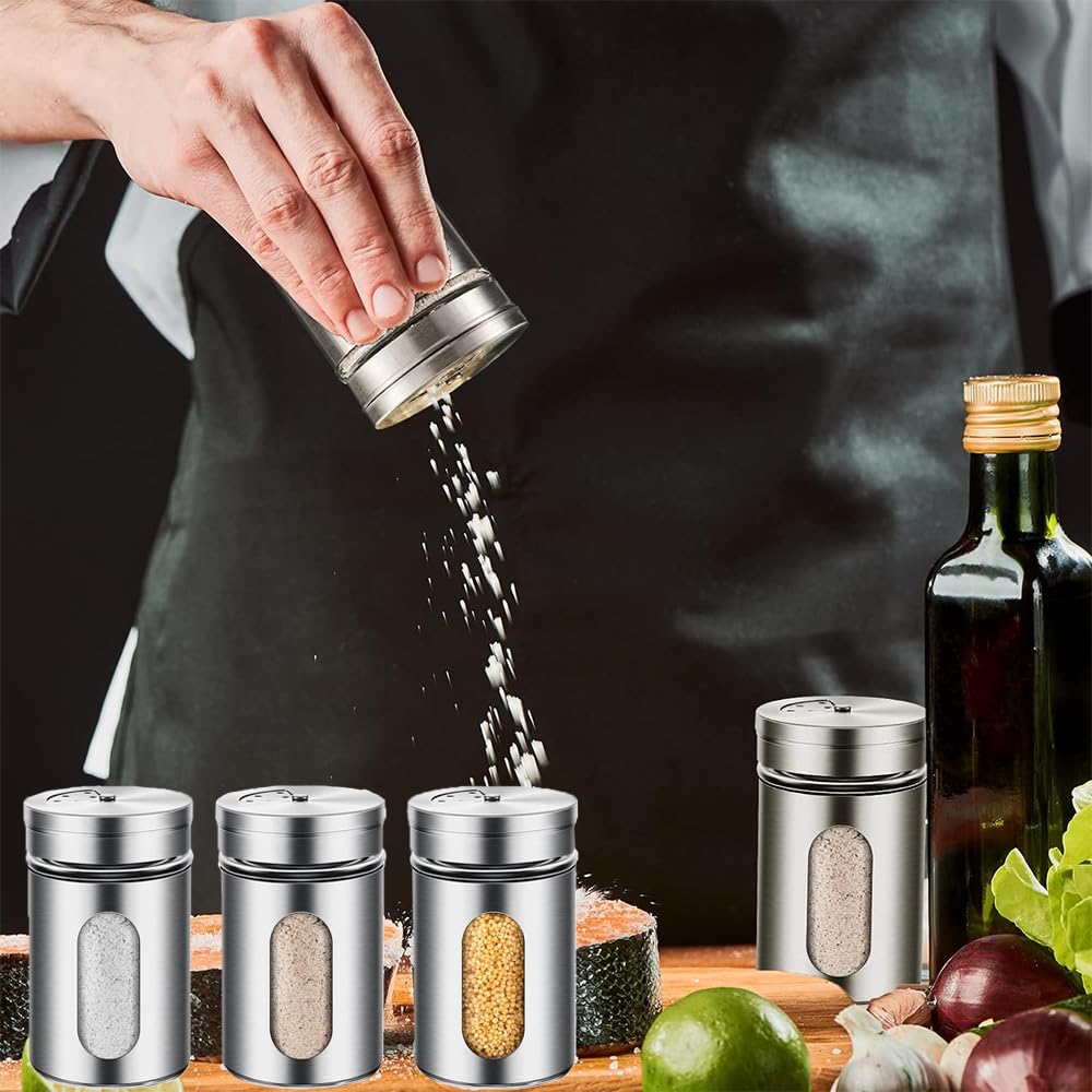 Aiareozy 6 Pack Salt and Pepper Shakers, 80ml Spice Jars with Shaker lids, Salt Shakers Glass with Adjustable Pour Holes, Stainless Steel Seasoning Containers, Spice Bottles Glass for Kitchen