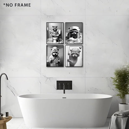 XUCVSPANTING Funny Raccoon Washroom Wall Art,Cut Bathroom Raccoon Sitting on Toilet Reading Newspaper Shaving&Paper Toilet Paper on Head Canvas Posters for Bathroom Washroom Restroom Home Decor