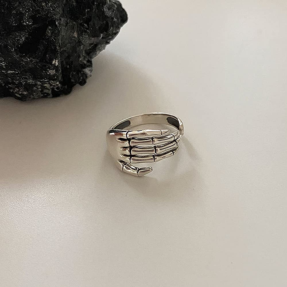 Vintage Skull Hand S925 Sterling Silver Open Band Ring for Women Girls Statement Adjustable Expandable Oxidized Gothic Skeleton Devil's Talons Finger Pinky Rings Comfort Fit Unisex Jewelry