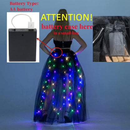 QooGoo Women Tulle Tutu Skirts, Long Maxi Tulle Skirt, LED Light Up Night Out Skirts,Dovetail Skirt,Halloween Christmas Wedding Party M