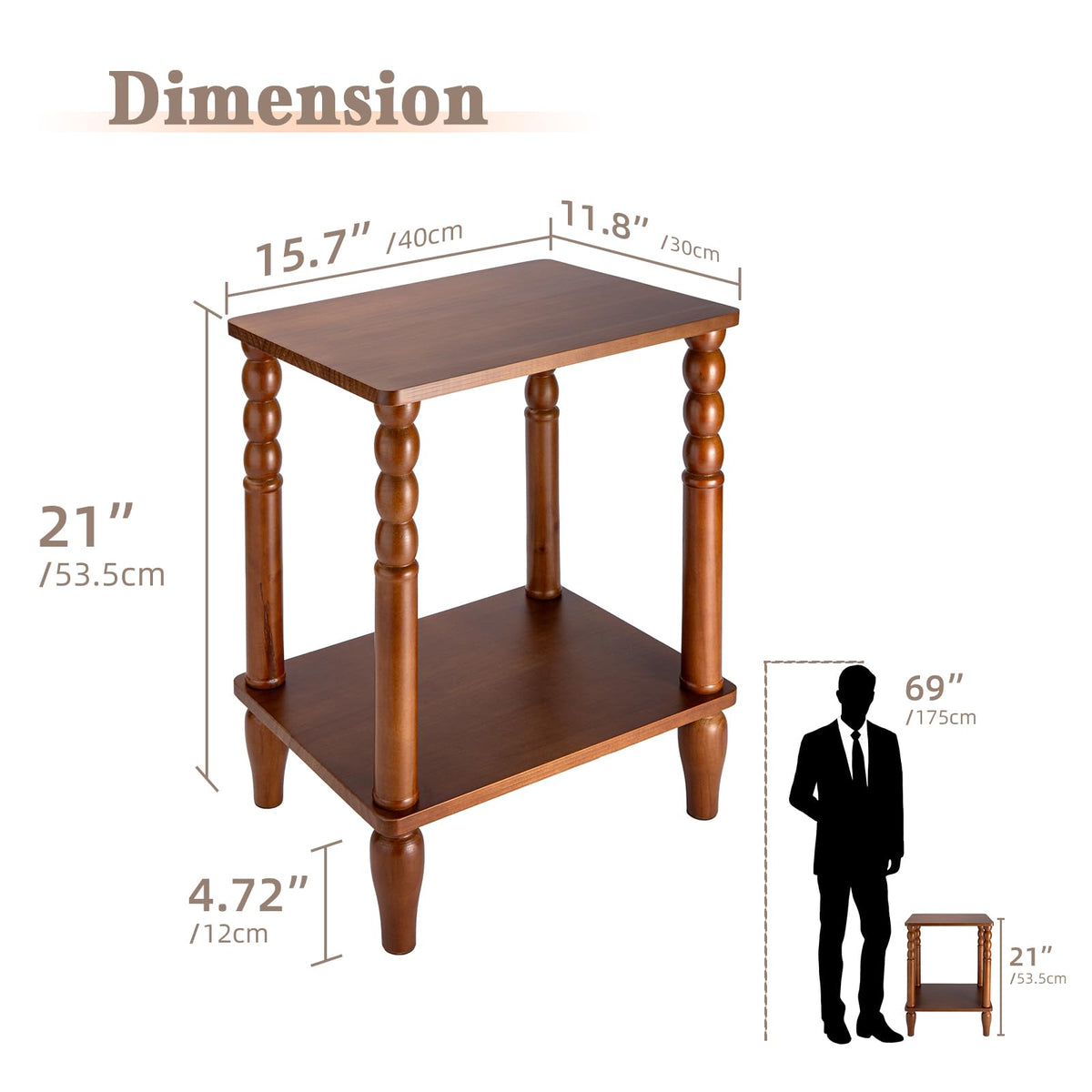 Lampaggio Solid Wood End Table with Storage Shelf, 2-Tier Small Side Table with Vintage Spindle Legs, Narrow Nightstand for Living Room, Bedroom & Small Spaces, Easy Assembly (Brown)