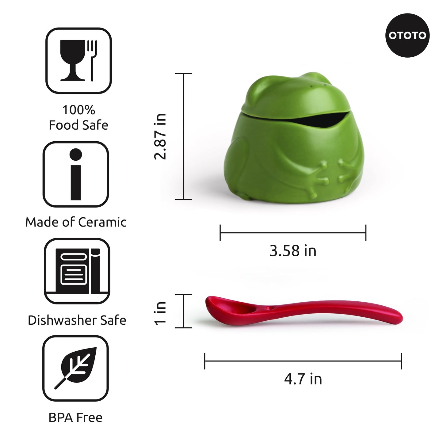 OTOTO NEW Lily Salt Cellar with Lid and Spoon - 6 oz Frog Salt Containers for Countertop, Ceramic Salt Holder with Lid for Sugar, Frog Stuff, White Elephant Gifts, Cute Gifts Accessories - Green
