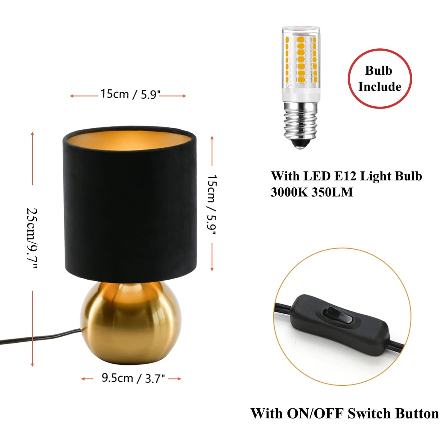 KUNJOULAM Small Bedside Lamp, Mid Century Lamp with Brass Base, Nightstand Table Lamp for Bedroom, Living Room, Bookshelf, Modern Accent Mini Table Lights Black Plastic Fabric Shade