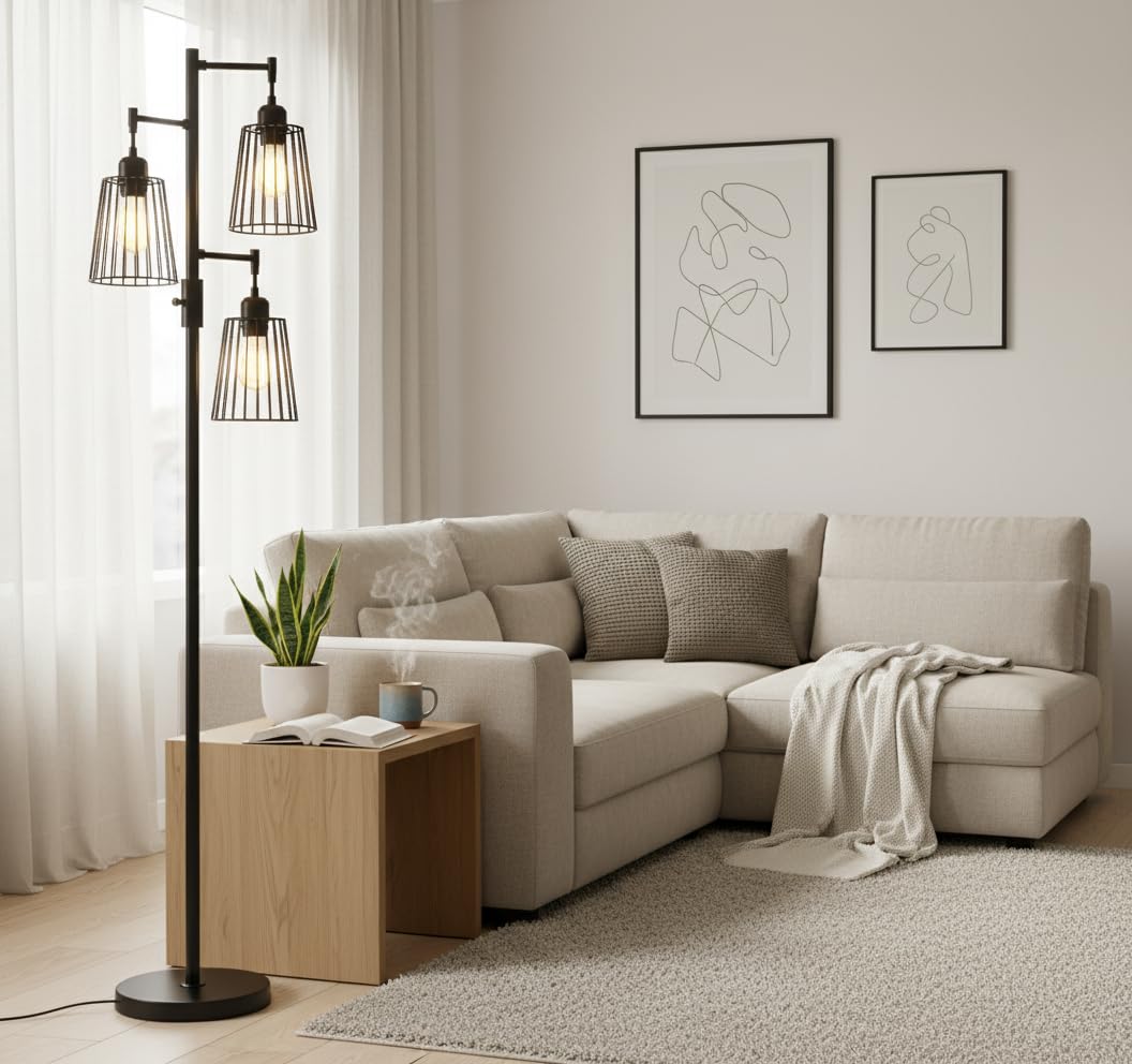 PESRAE Dimmable Industrial Floor Lamp, Farmhouse Floor Lamp Standing Lamp with 3 Elegant Teardrop Cage Heads & Included 3 x 1200LM Edison LED Bulbs, Tall Lamp for Living Room, Bedroom (Matte Black)