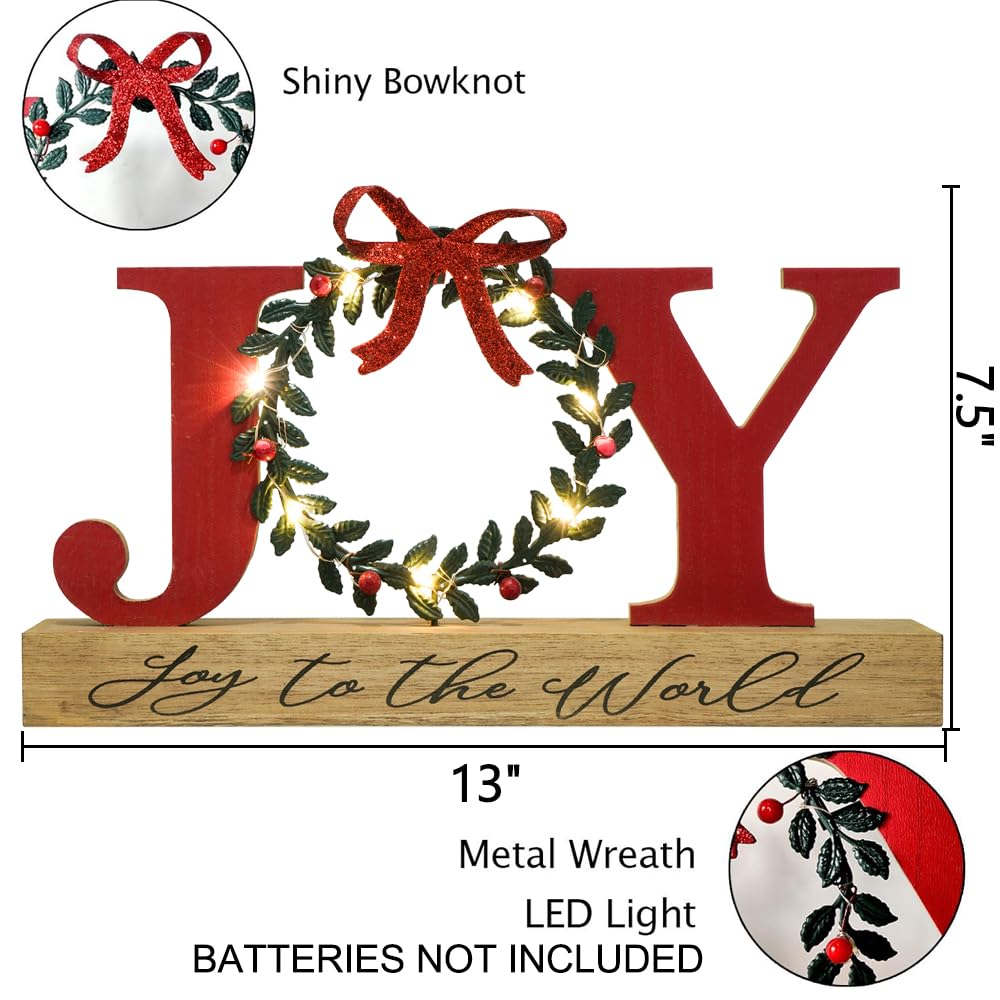 Christmas Decorations for Home LED Lighted Joy Sign with Timer Wreath Farmhouse Wooden Rustic Tabletop Decorative Sign Xmas Holiday Home Decor Indoor Room