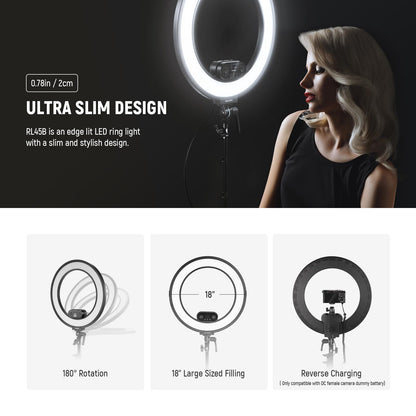 NEEWER 18 Inch Edge Lit Ring Light with Tripod Stand Phone Holder Compatible with iPhone for Video Recording Selfie Makeup Studio Streaming, 45W 2900-7000K APP 2.4G Control Ringlight Lighting, RL45B