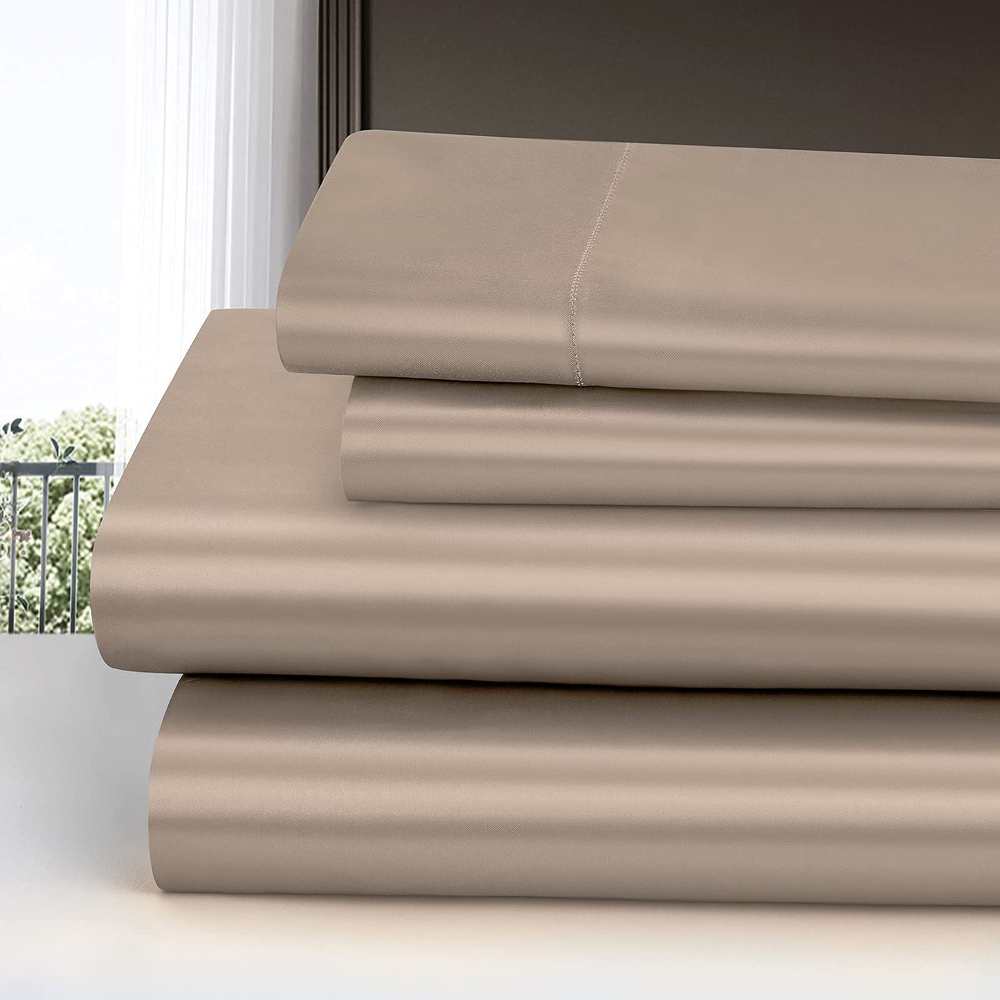 Homiest 4pcs RV Short Queen Satin Sheets Set Luxury Silky Satin Bedding Set with 10" Deep Pocket, Camper Queen Sheets, 1 Fitted Sheet + 1 Flat Sheet + 2 Pillowcases (RV Short Queen, Taupe)