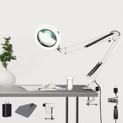 10X Magnifying Glass with Light, Adjustable Swing Arm 72 LEDs Real Glass Lens Magnifying Lamp, 3 Color Modes 10 Stepless Dimmable, Lighted Magnifier for Daily Reading Hobbies Crafts Workbench (White)