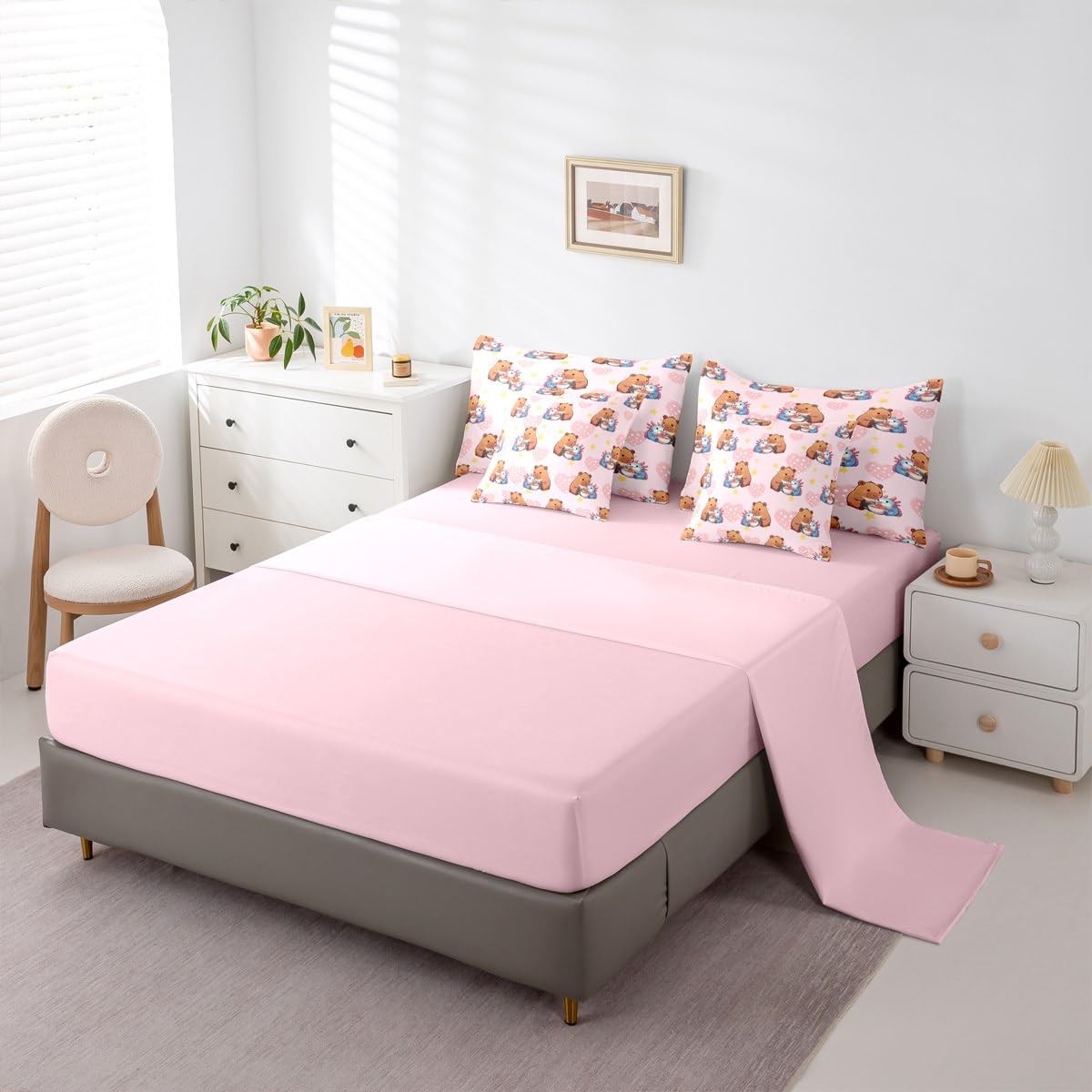 Erosebridal Girls Cute Capybara 7 Pieces Bedding Set, Axolotl Bed in a Bag Full, Capybara Feeding Noodles to Salamanders Pink Comforter Set with Sheets, Star Polka Dot Love Heart Bed Sets