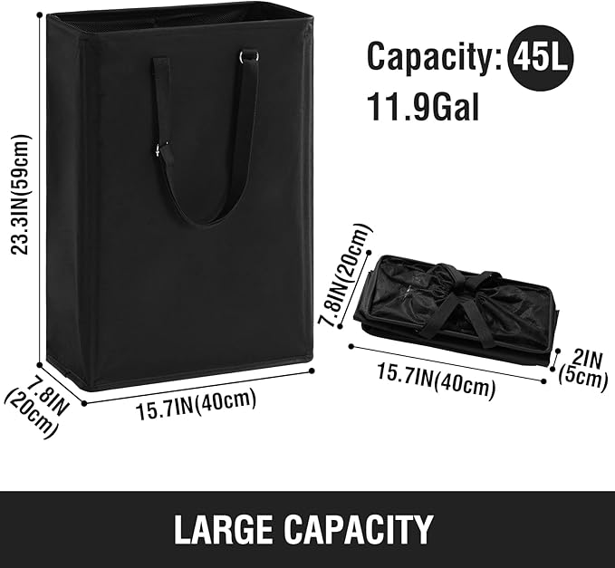 Slim Laundry Hamper with Adjustable Long Handles, 45L Small Laundry Baskets