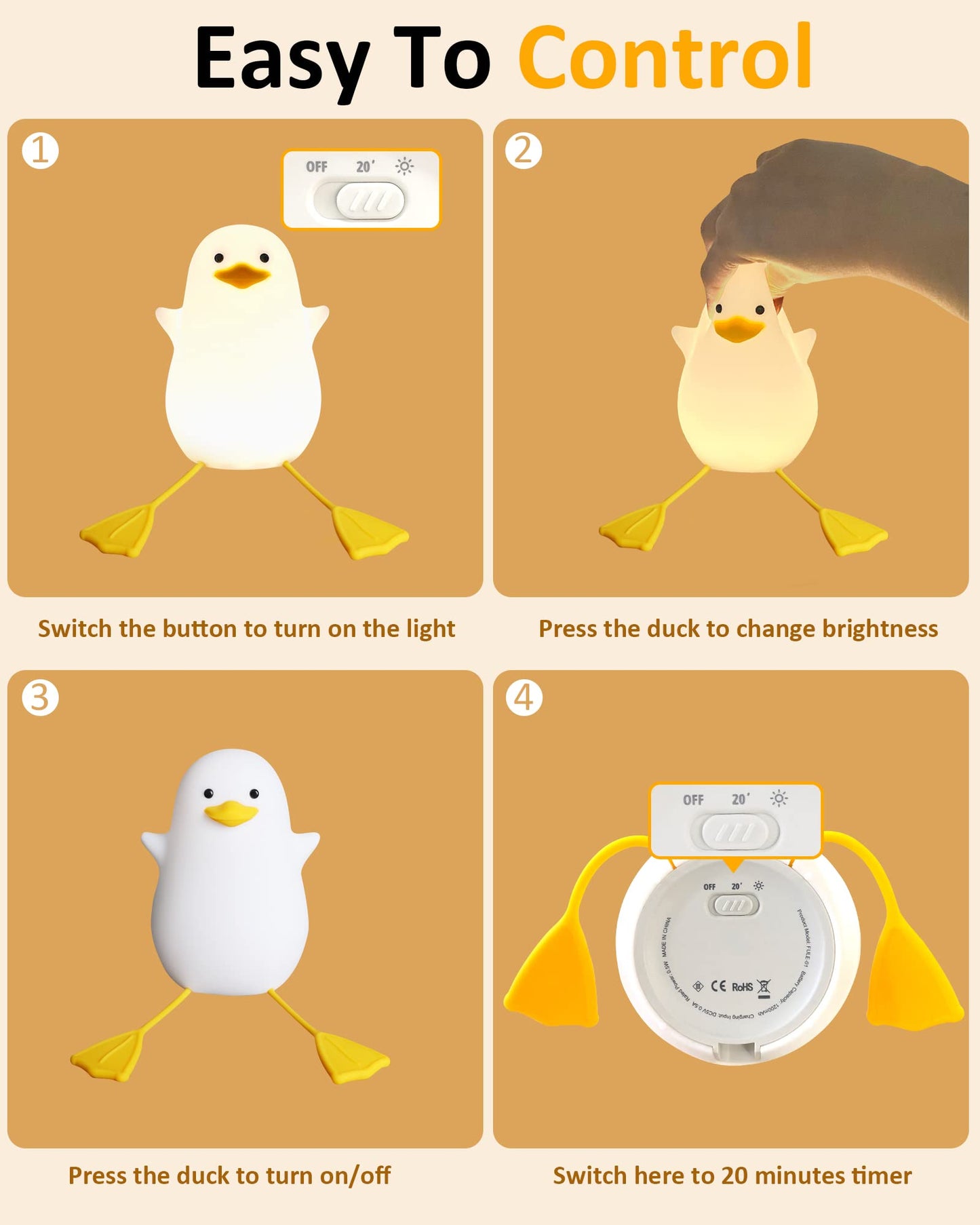 Attivolife Duck Night Light for Kids, Cute Animal Silicone Lamp Touch Control + Dimmable + Timer, USB Rechargeable LED Feeding Nightlight Bedside Bedroom Decor Birthday Gifts for Toddler Baby Women