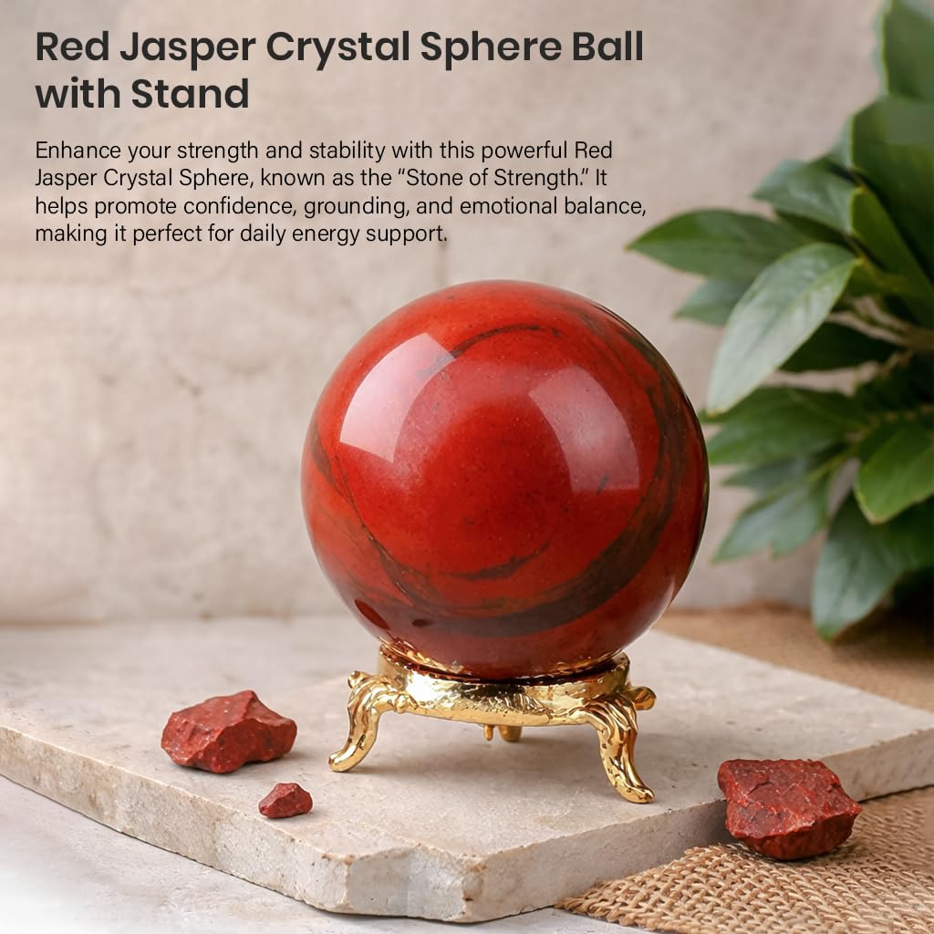 Crocon 55mm Red Jasper Stone Sphere Ball with Metal Stand 1400+ Carats Gemstone Ball Healing Sphere Sculpture Figurine for Fengshui Divination Home Decoration Photography Crystal Sphere