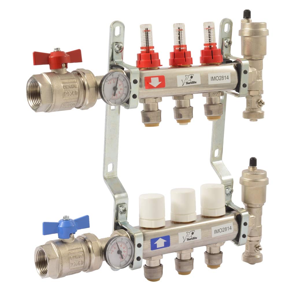 SharkBite 3 Loop Radiant Heating Manifold, Push to Connect Brass Plumbing Fitting, PEX Pipe, PE-RT, 24930