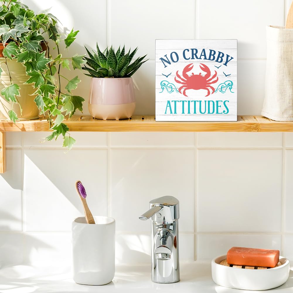 Pishovi No Crabby Attitudes Wooden Box Sign, Inspirational Phrase Decorative Plaque for Home Kitchen Bathroom Bar Café, Beach Theme Desk Plaque, Housewarming Gifts for Friend Coworker
