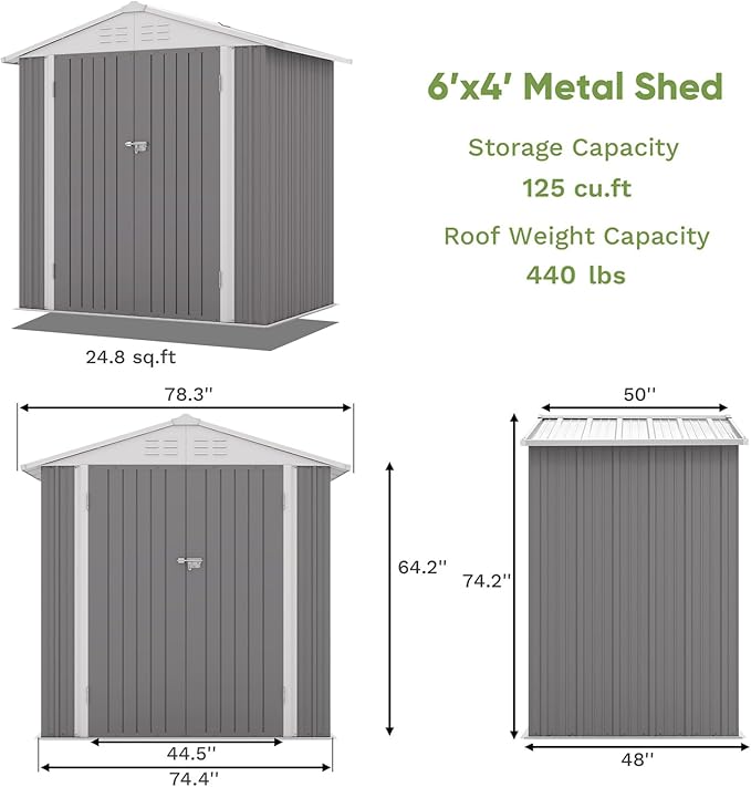 Patiowell 6x4 FT Outdoor Storage Shed, Water-Resistance Metal Outdoor Sheds with Vents & Lock, Garden Shed of Galvanized Steel for Lawn, Patio, Backyard Garden Tools, Bikes, Gray