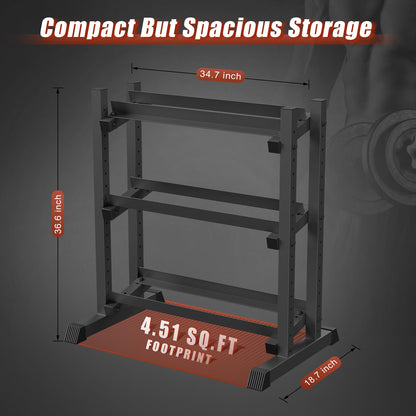 3-Tier Dumbbell Rack, 1100LB Capacity Adjustable Weight Rack for Home Gym, Heavy-Duty Weight Stand for Dumbbells Kettlebells & Weight Plates(Rack Only)