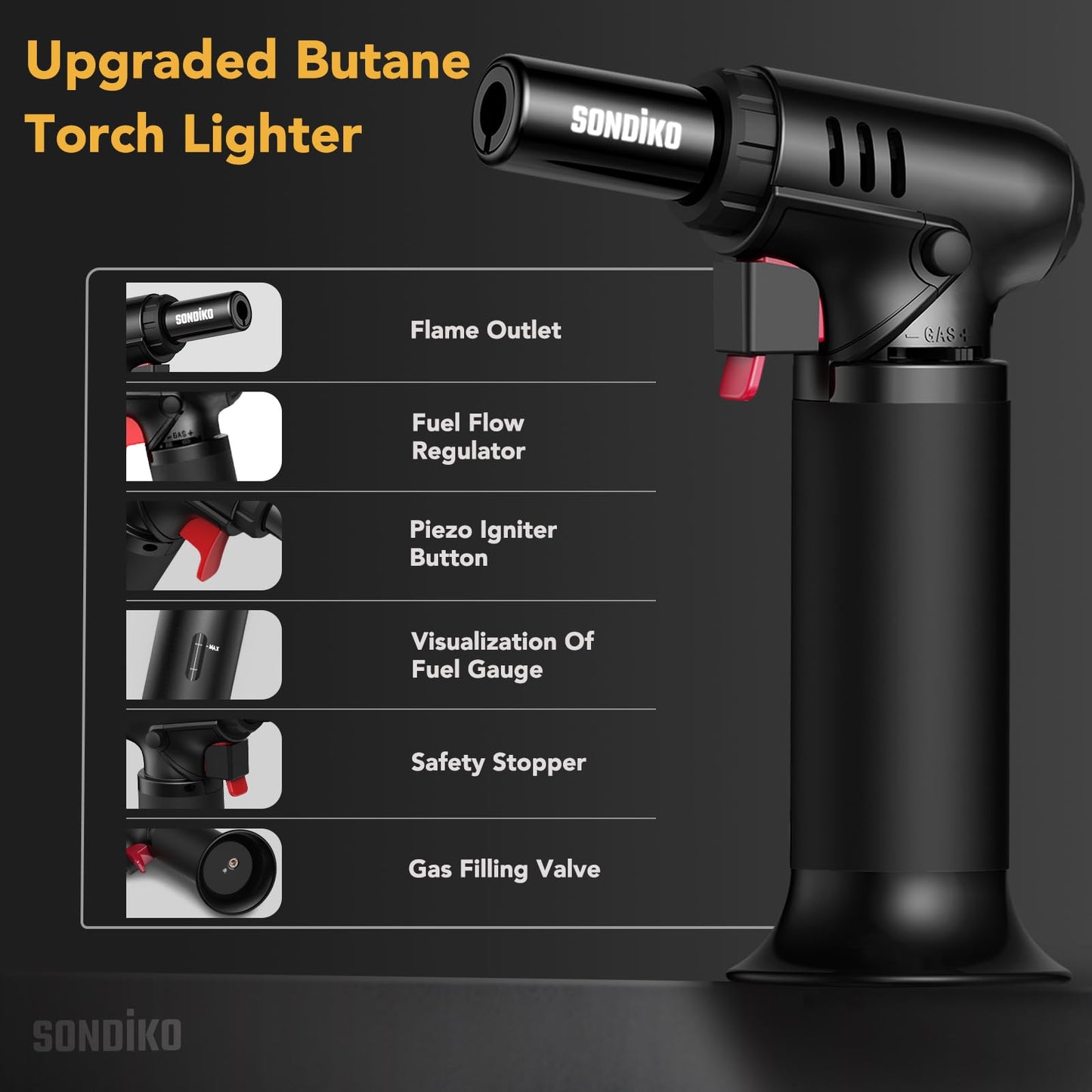 Sondiko Kitchen Blow Torch with Fuel Gauge S907, Refillable Soldering Torch Lighter with Safety Lock and Adjustable Flame for Desserts, Creme Brulee, Welding, Industrial (Butane Not Included)