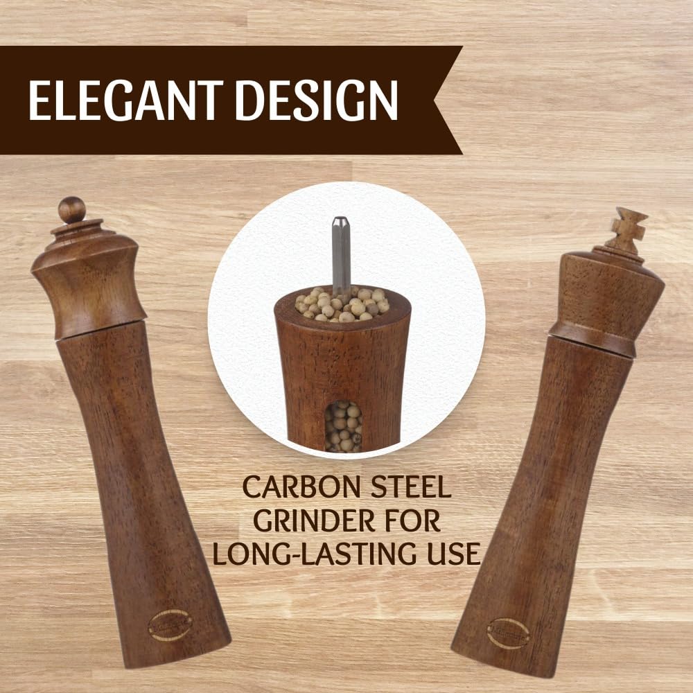 King & Queen Chess Piece Pepper Grinder, Set of 2 Salt and Pepper Grinder set Manual, Refillable Salt and Pepper Mills, Perfect Kitchen Decor, Essential Kitchen Gift for Chess Enthusiasts (9 Inch)