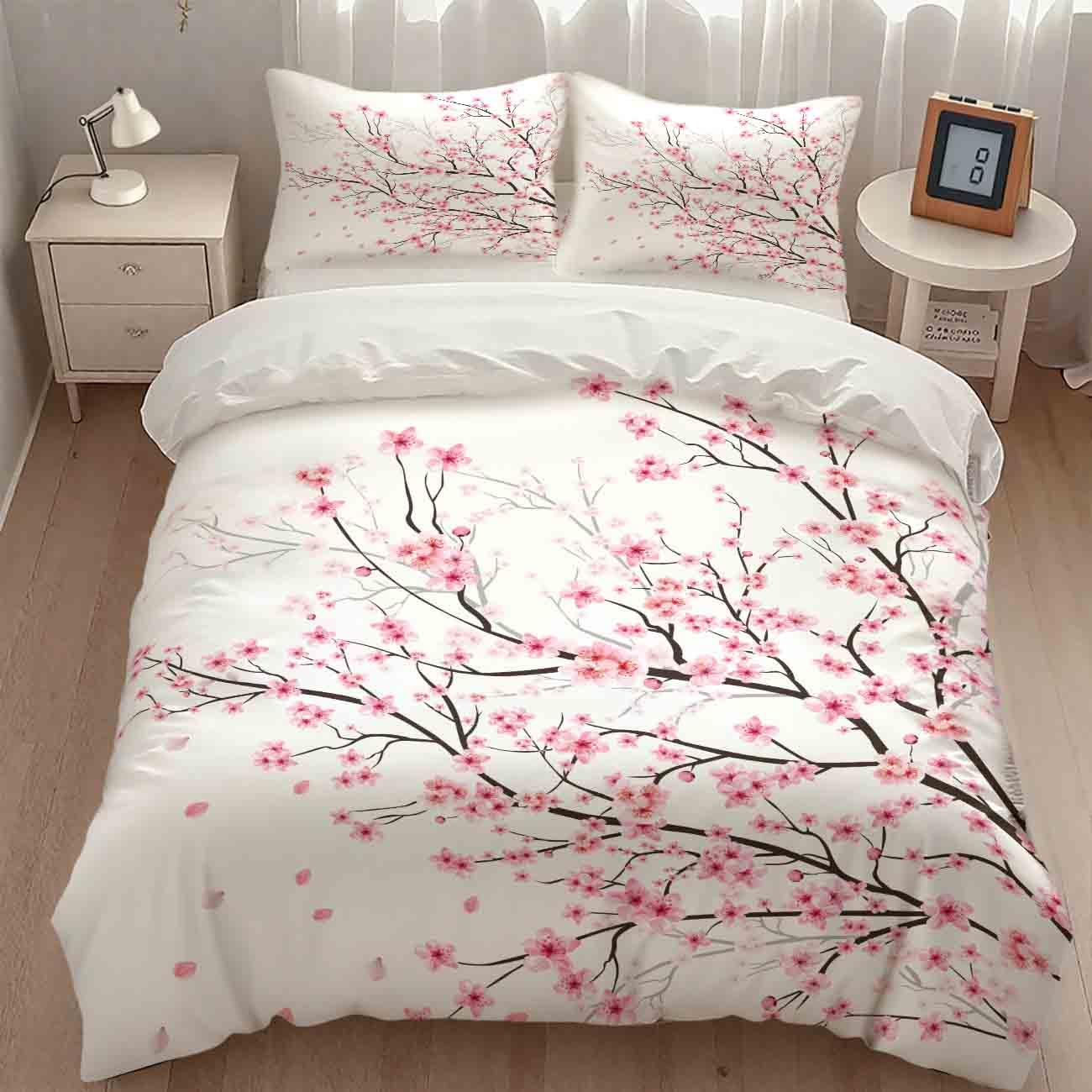 Lnepty Pink Cherry Blossom Bedding Set,Retro Japanese Flower Tree Branches Blooming Spring Floral Traditional Asian Ink Painting Theme Comforter Set with Pillowcase for Bedroom Bed Decor,Twin 86"x70"