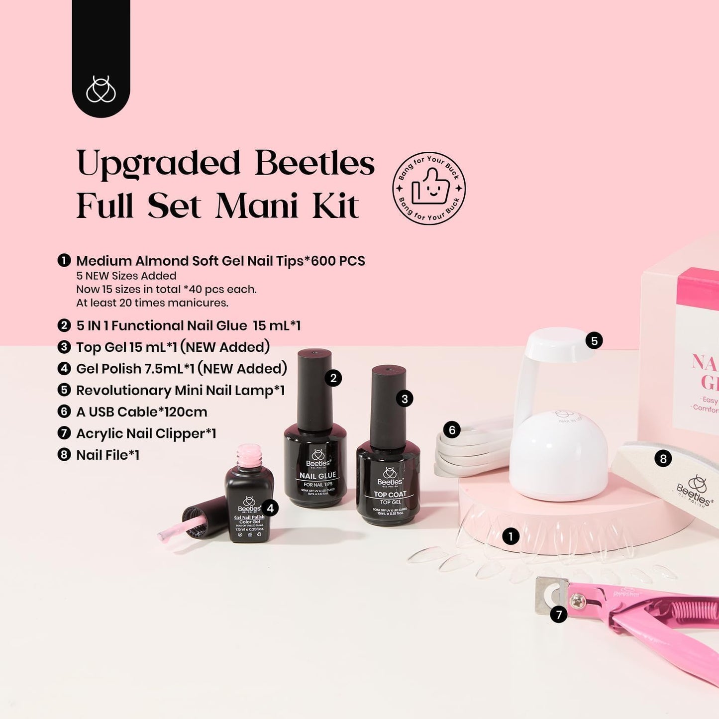 Beetles Gel Nail Extension Kit Almond Shape, Easy 9 in 1 Glue Uv Led Set Etch X Nail Tips Short Almond Half Matte Tips, Gift for Women & Girls, 504 pcs