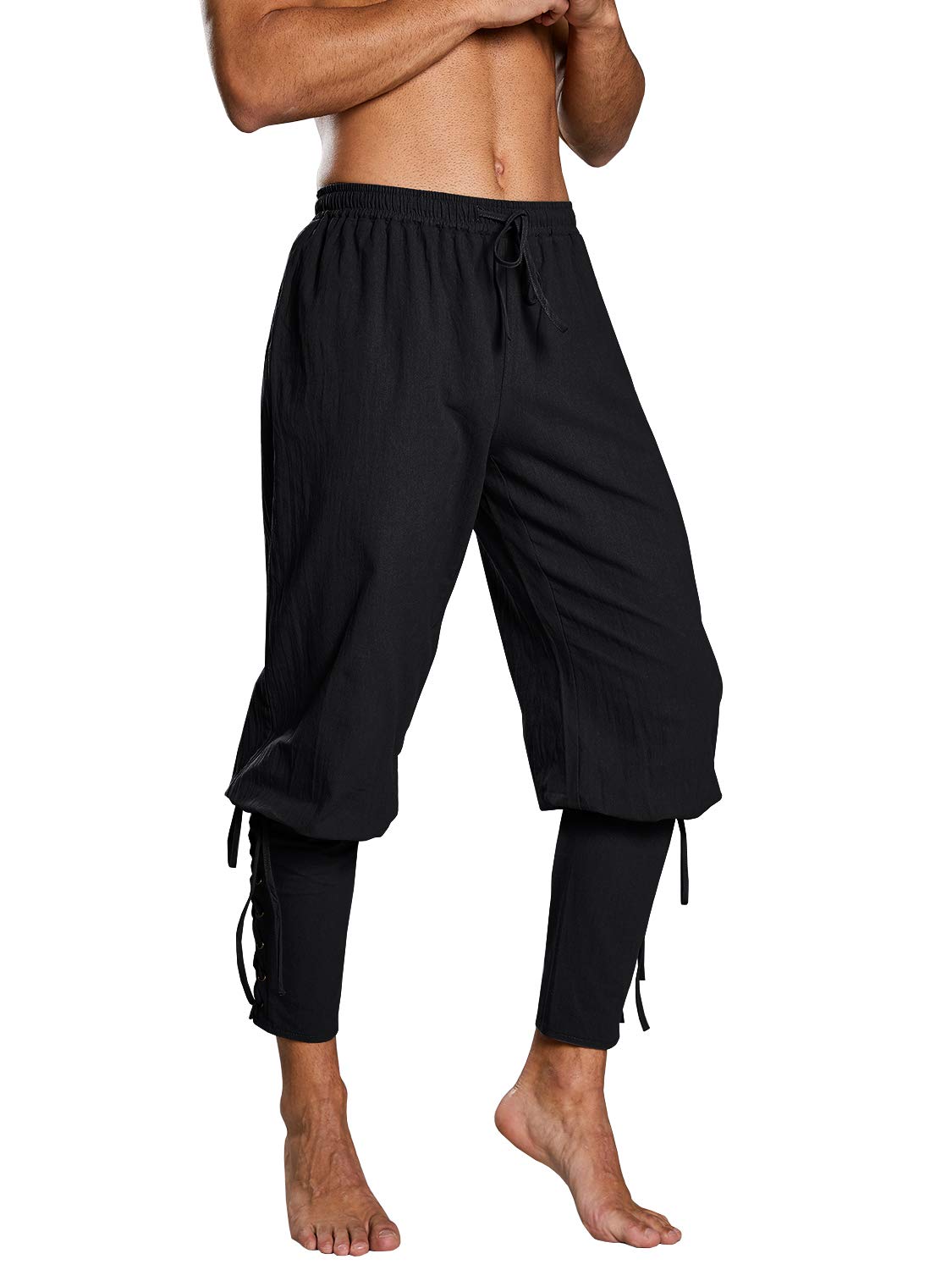 Makkrom Mens Medieval Ankle Pants Viking Pirate Costume Lace Up Tapered Banded Renaissance Navigator Halloween Trousers