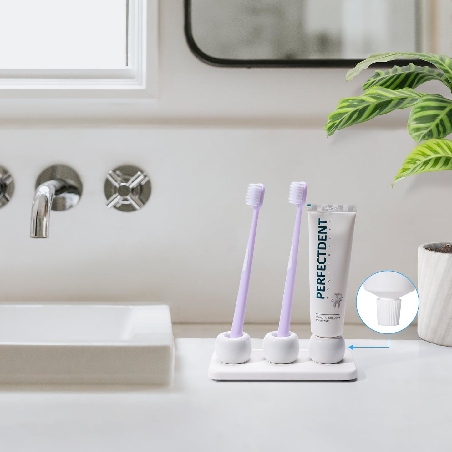 Dersyer 3 Pack Mini Ceramic Toothbrush Holder Stand with 1 Pack Water Absorbing Stone for Bathroom Vanity Countertop, Toothbrush Organizer, White