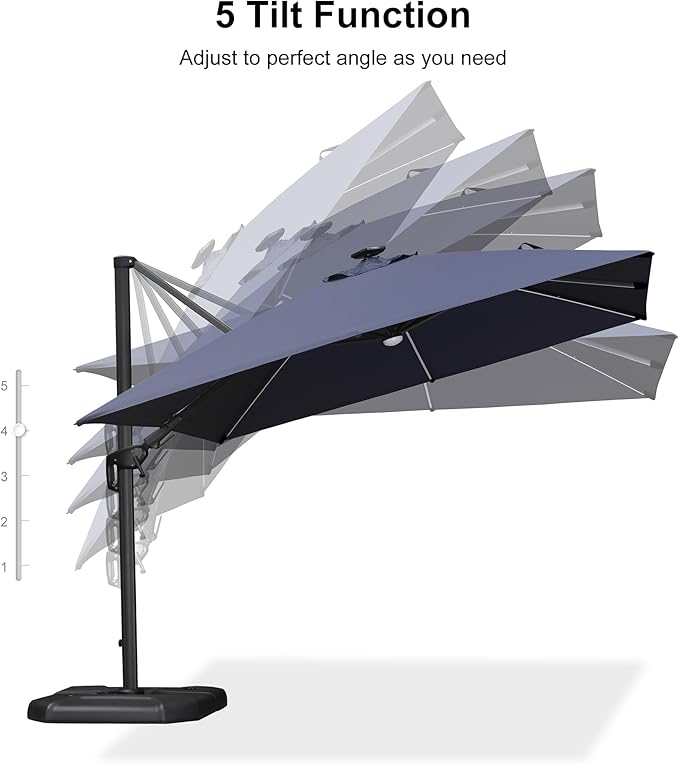 PURPLE LEAF 10 Feet Patio Umbrella with Base Outdoor Patio Solar Powered LED Swivel Square Umbrella Aluminum Offset Umbrella with 360-degree Rotation for Garden Deck Pool Patio, Navy Blue