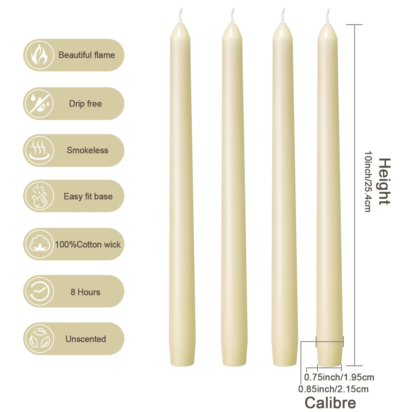 Everymoment Ivory Taper Candles - 24 Pack 10 Inch Candlesticks - Dripless & Smokeless Tapered Candle 8 Hours Unscented Cream Candle Sticks - Perfect for Wedding Holiday Dinner Party Home Decor