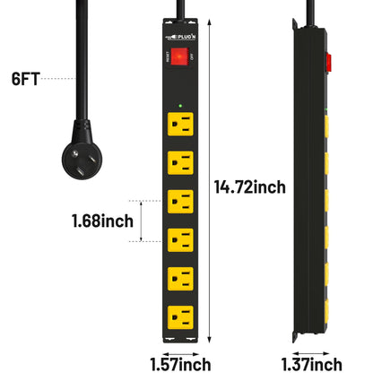 Power Strip 2700J Surge Protector, 6 Outlet Heavy Duty Power Strips with Flat Plug and 6FT Long Cord, Wall Mountable Metal Outlet Strip for Desk, Garage, Workbench and Kitchen