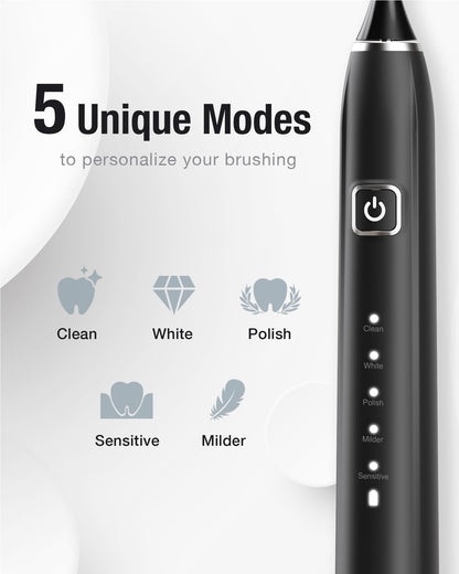 7AM2M Sonic Electric Toothbrush with 6 Brush Heads for Adults&Kids, One Charge for 120 Days, Wireless Fast Charge, 5 Modes, 40000VPM Powered Toothbrush, 2 Minutes Built in Smart Timer (Black)