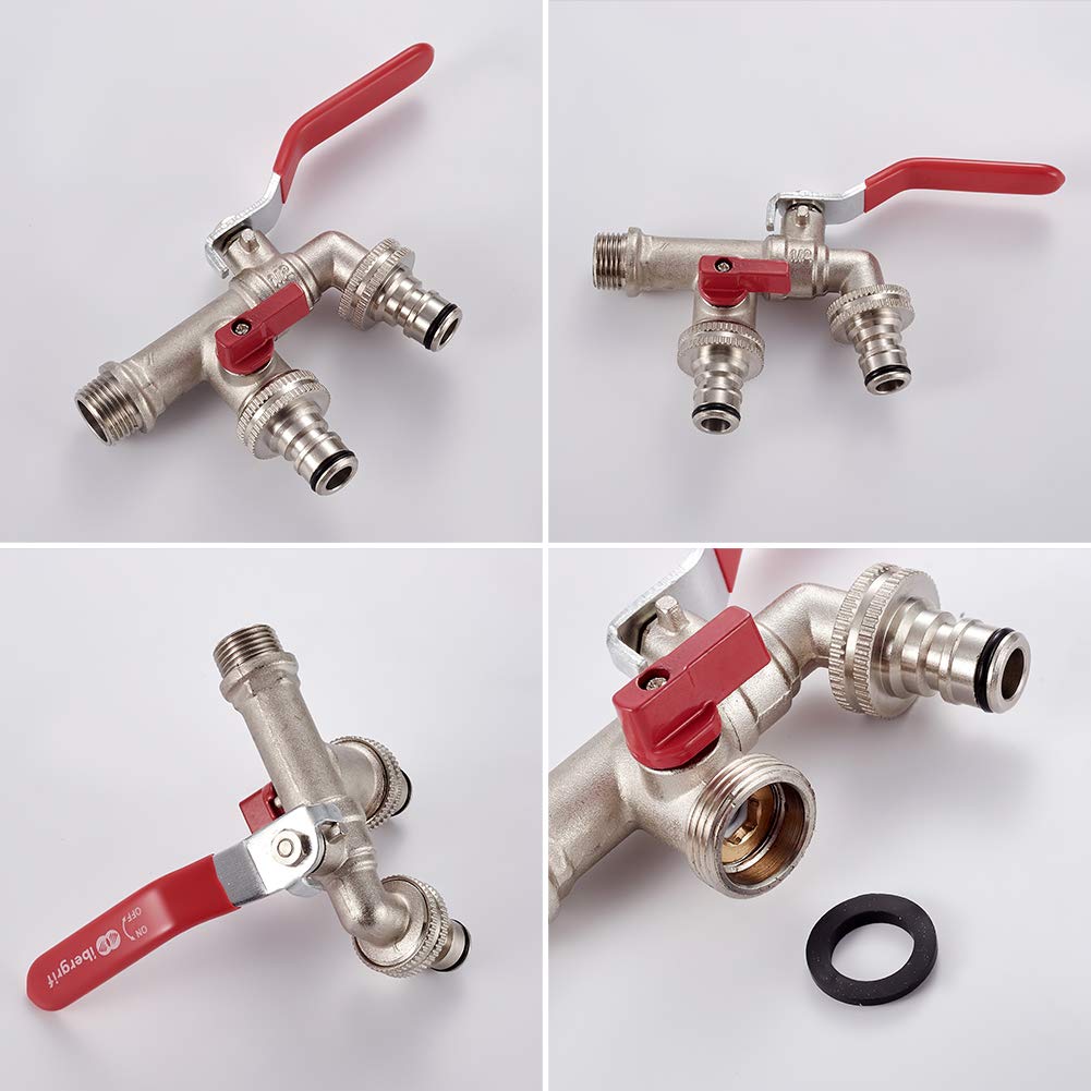Ibergrif M22203 Double Garden Tap with Connector, G1/2 Inch Inlet and Two G3/4 Inch Outlet Outside Taps, Antifreeze -10 ℃, High Temperature Resistance 120 ℃ Double Tap Ball Valve Outside Faucet