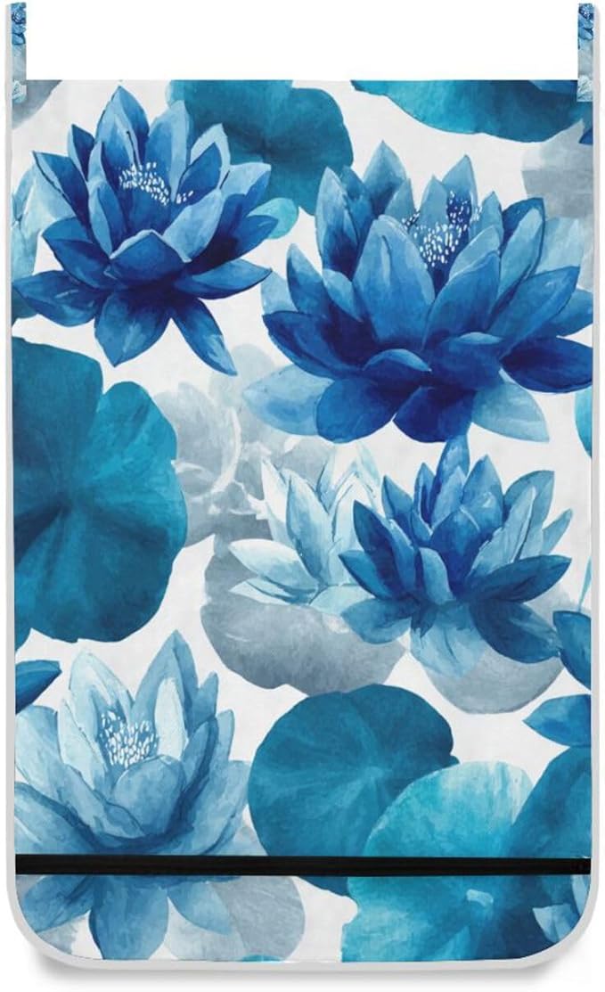 Ink Blue Lotus Flower Hanging Laundry Hamper Door Hampers Bag Basket