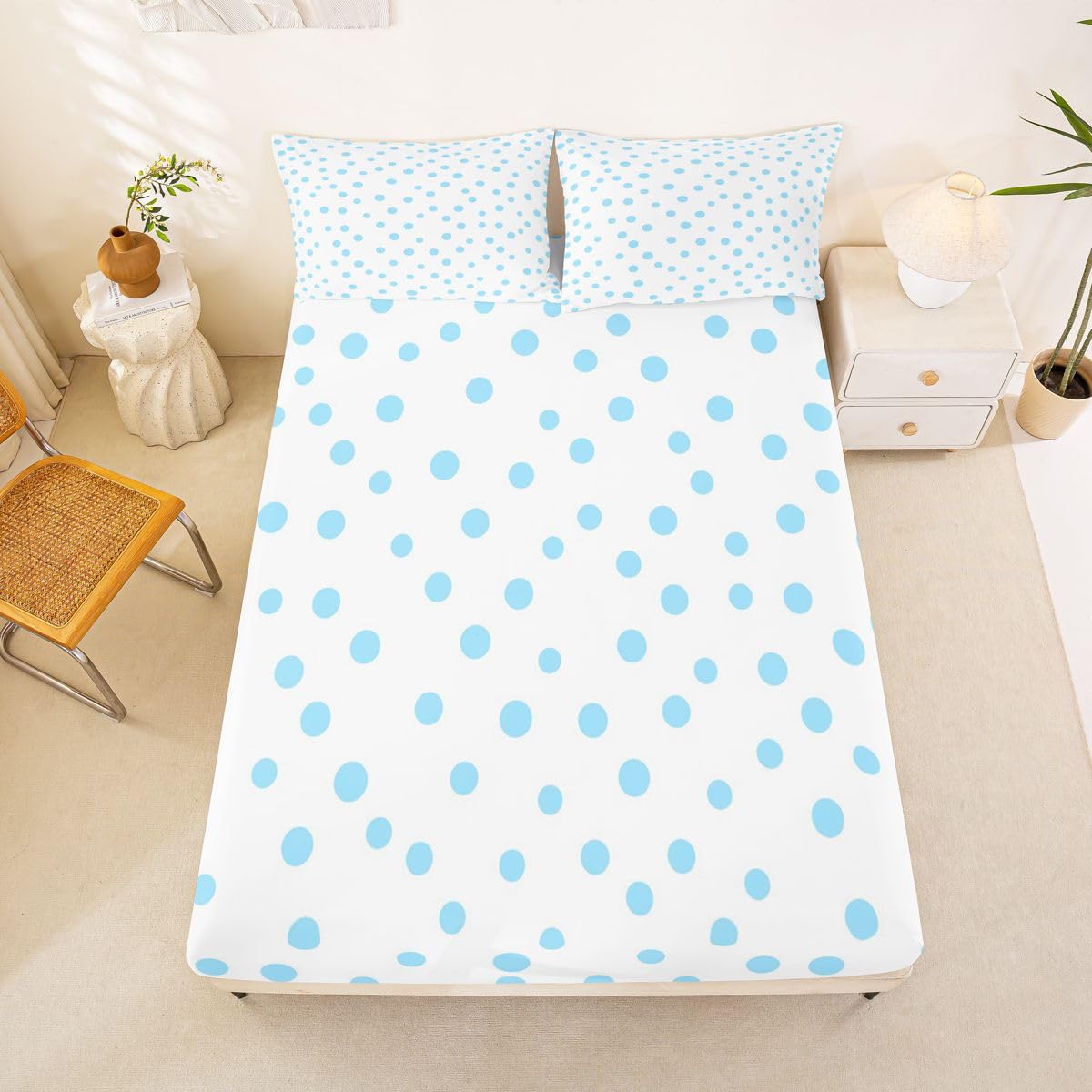 jejeloiu Polka Dots Fitted Sheet Full Size for Kids Boys Girls White Blue Bed Sheets Set 16" Deep Pocket Soft Breathable Circles Geometric Bedding with 2 Pillowcases Modern Simple Room Decor